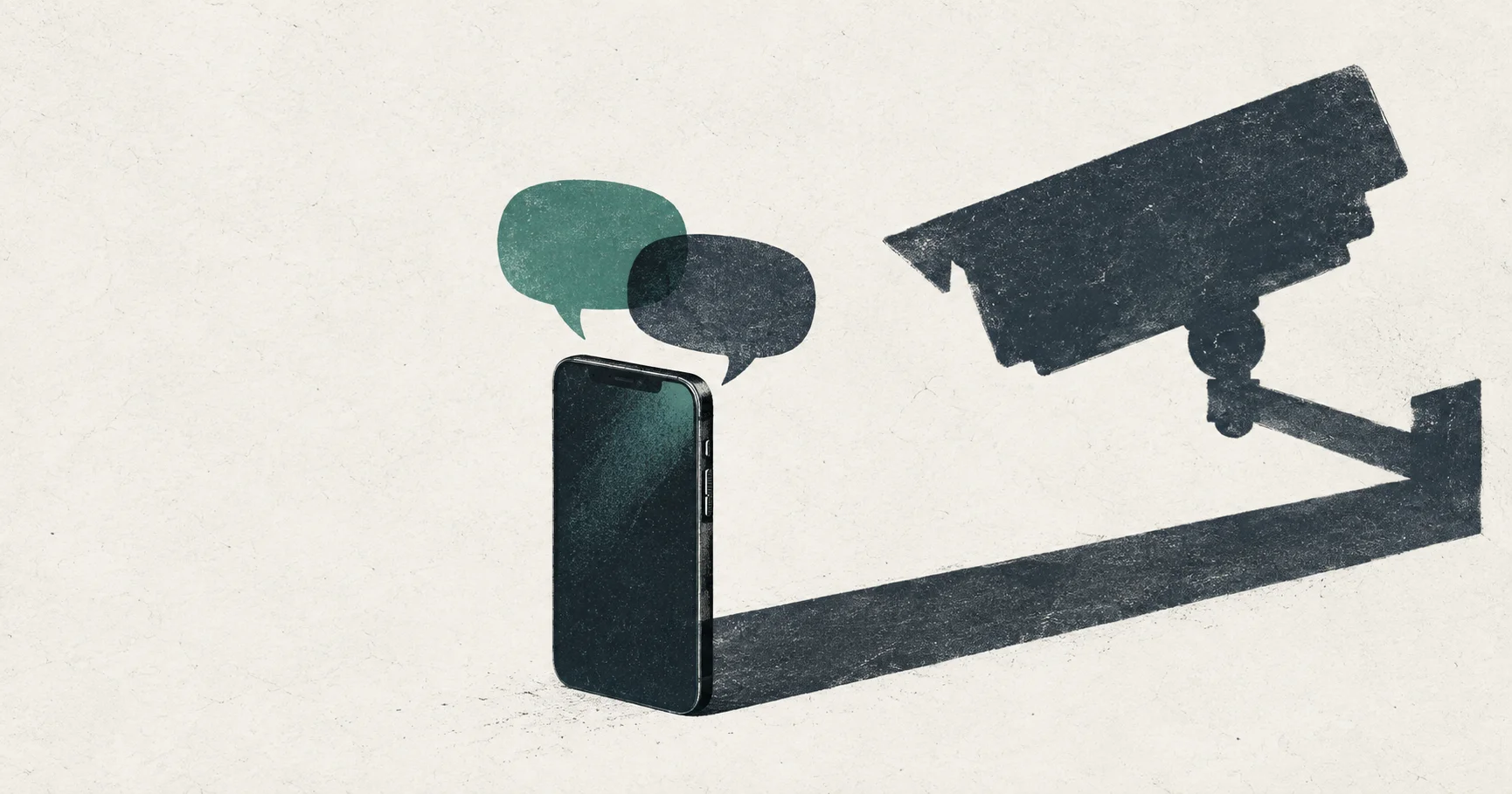 A smartphone beneath two speech bubbles casts a long shadow shaped like a surveillance camera.