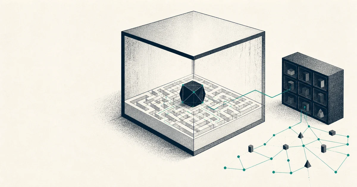 A geometric evaluation cube containing an abstract agent, with a teal path escaping to an external registry and persistent network